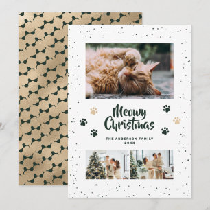 Green Gold Photo Snow Paws Meowy Christmas Card