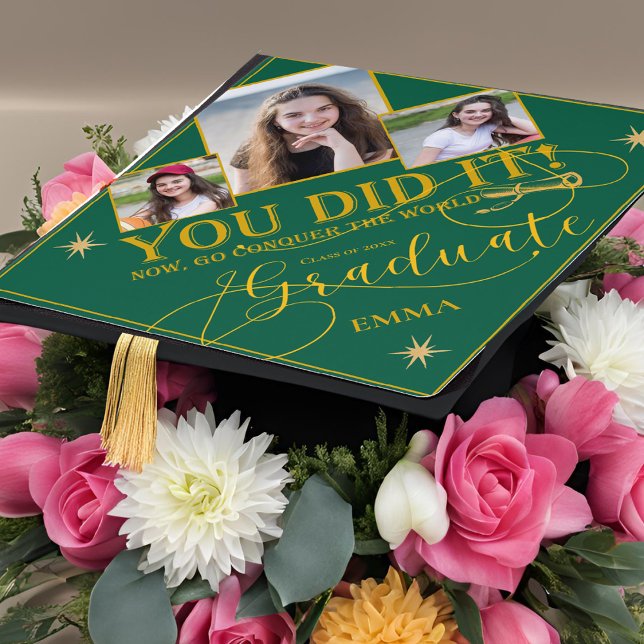 Green Gold Photo “You Did It” Class of 2026 Graduation Cap Topper (Green and Gold Class Of 2025 You Did It Quote Graduation Cap Topper)