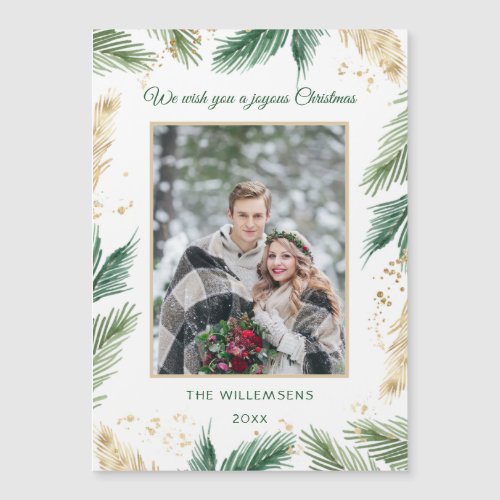 Green  Gold Pine Needles Christmas Magnetic Card