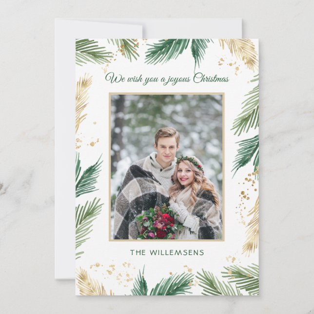 Green & Gold Pine Needles Christmas Photo  Holiday Card (Front)