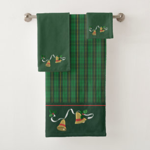 Green Gold Plaid Christmas Bells Bath Towel Set