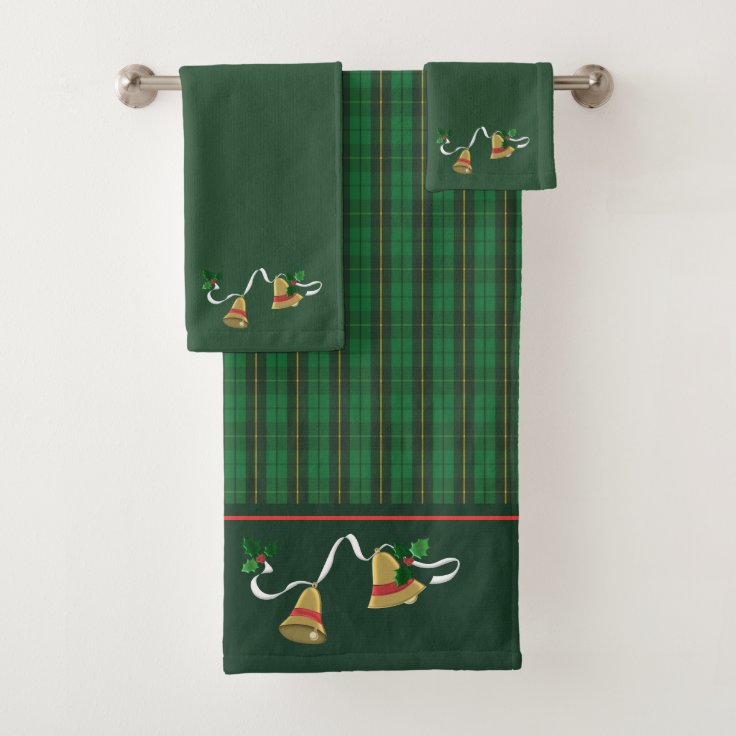 Green Gold Plaid Christmas Bells Bath Towel Set | Zazzle
