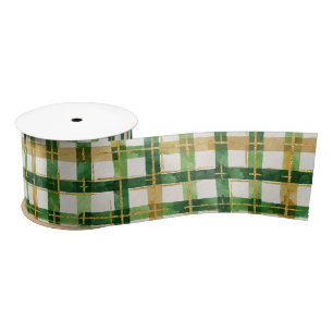 Green Gold Plaid Christmas Satin Ribbon