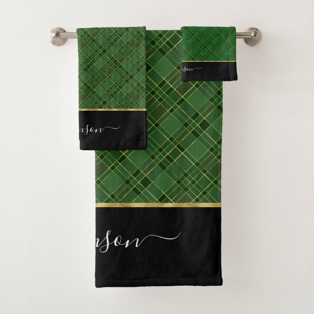 Green Gold Plaid Christmas Tartan Personalized Bath Towel Set (Insitu)