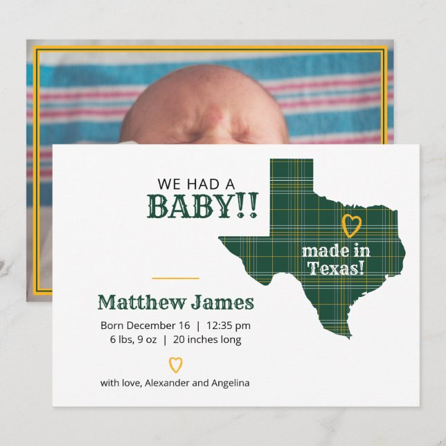 Green & Gold Plaid Made In Texas Horizontal Photo Announcement (Front/Back)