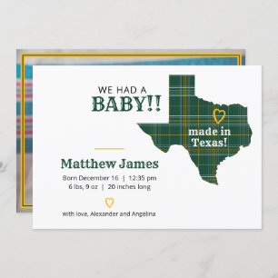 Green & Gold Plaid Made In Texas Horizontal Photo Announcement