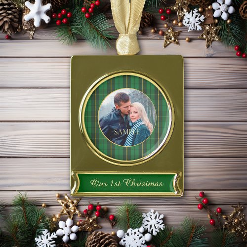 Green Gold Plaid Newlywed Gold Plated Banner Ornament
