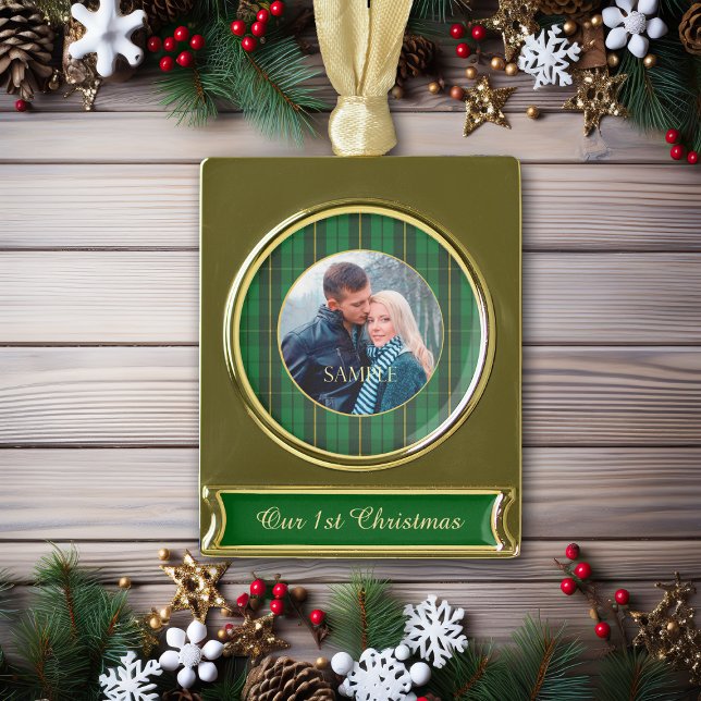 Green Gold Plaid Newlywed Gold Plated Banner Ornament (Creator Uploaded)