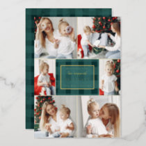 Green Gold Plaid Non Traditional Photo Collage  Foil Holiday Card