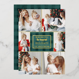 Green Gold Plaid Non Traditional Photo Collage Foil Holiday Card