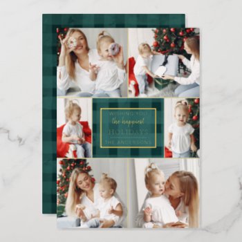 Green Gold Plaid Non Traditional Photo Collage  Foil Holiday Card by XmasMall at Zazzle