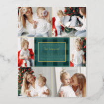 Green Gold Plaid Non Traditional Photo Collage  Foil Holiday Postcard