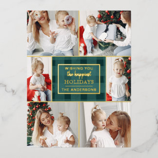Green Gold Plaid Non Traditional Photo Collage  Foil Holiday Postcard