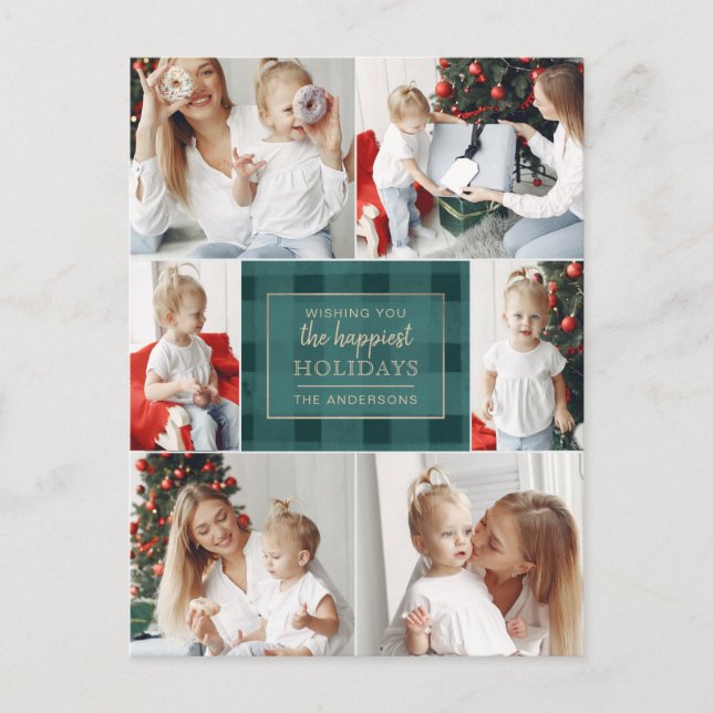 Green Gold Plaid Non Traditional Photo Collage Holiday Postcard (Front)