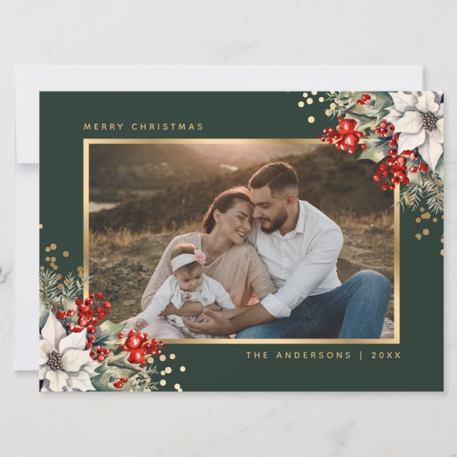 Green Gold Poinsettia Berries Photo Christmas Holiday Card (Front)