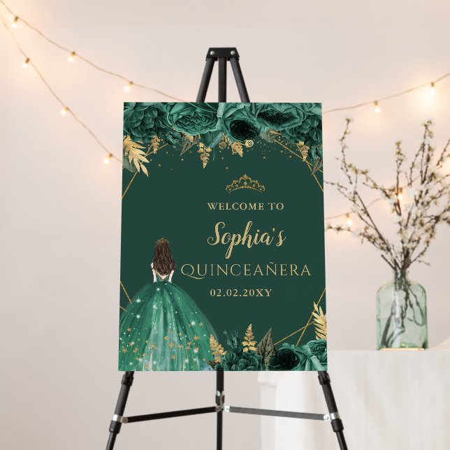 Green Gold Princess Quinceañera Welcome Sign (In Situ (Stand))