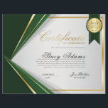Green & Gold Professional Certificate Award<br><div class="desc">Professional certificate of achievement award design features green,  gold,  and grey colors with detailed lines and a gold border. Includes gold medal award and stars.</div>