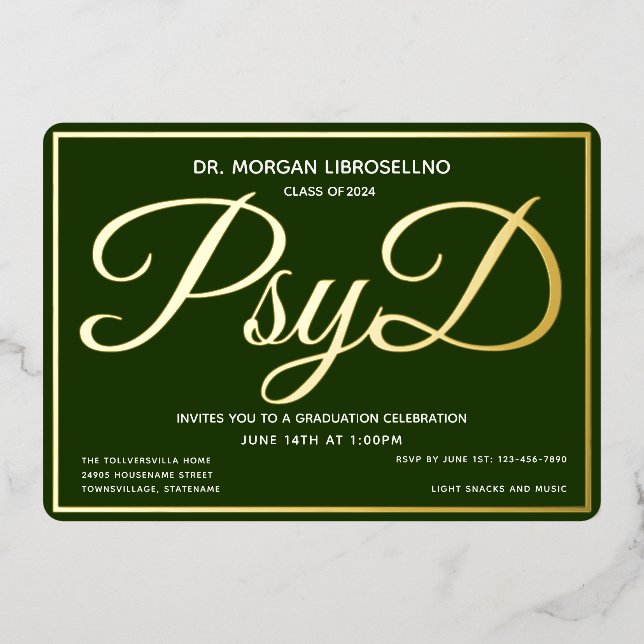 Green Gold PsyD Graduation Foil Invitation (Front)