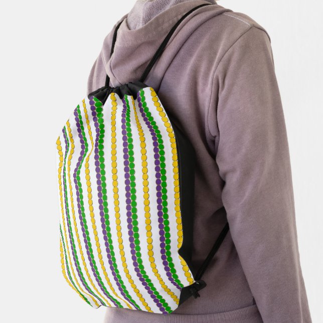 GREEN GOLD PURPLE MARDI GRAS BEADS DRAWSTRING BAG (Insitu)