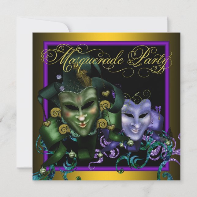 Green Gold Purple Masquerade Party Invitations (Front)