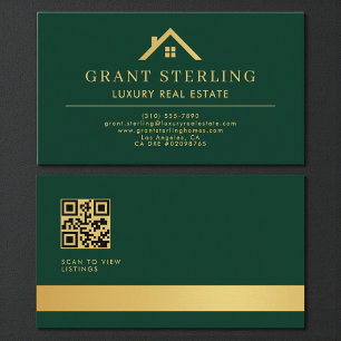 Green Gold QR Code Luxury Real Estate Agent Business Card
