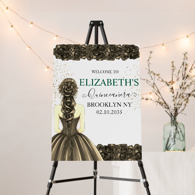 Green & Gold Quinceañera Custom Welcome Foam Board (In Situ (Stand))