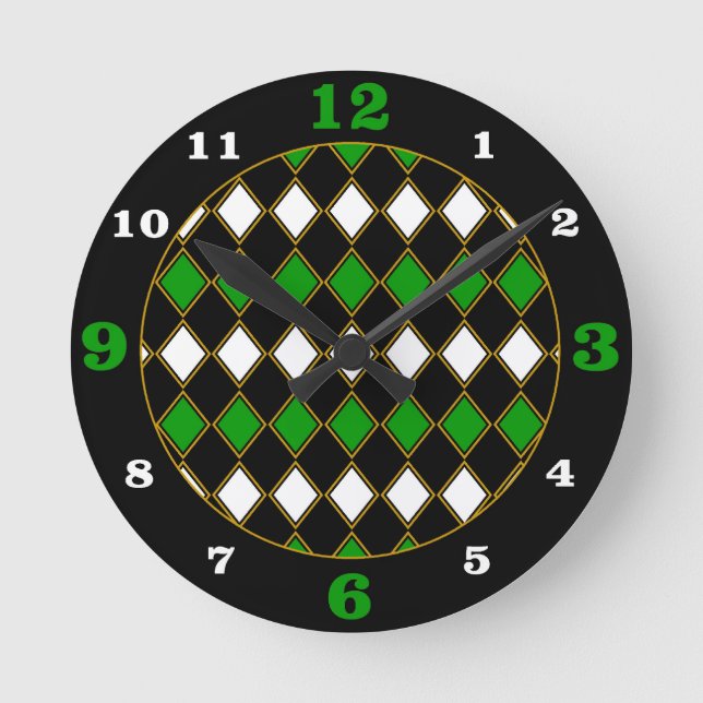 Green/Gold Racing Colors Harlequin Pattern Round Clock (Front)