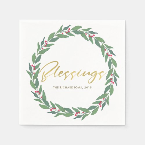 GREEN GOLD RED BERRIES CHRISTMAS BLESSINGS WREATH NAPKINS