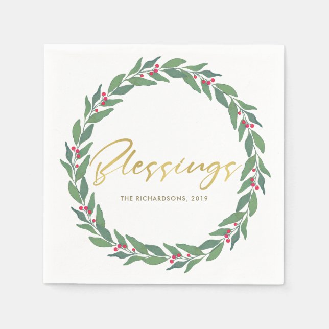 GREEN GOLD RED BERRIES CHRISTMAS BLESSINGS WREATH NAPKINS (Front)
