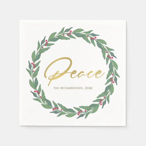 GREEN GOLD RED BERRIES WREATH CHRISTMAS PEACE NAPKINS