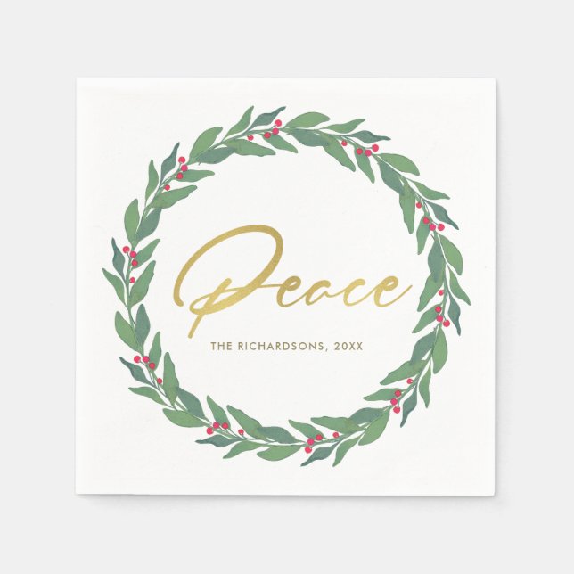 GREEN GOLD RED BERRIES WREATH CHRISTMAS PEACE NAPKINS (Front)