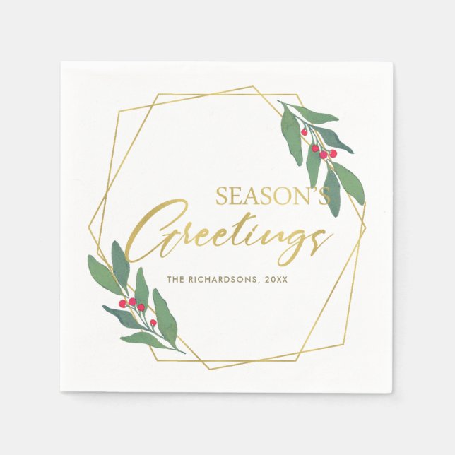 GREEN GOLD RED BERRIES WREATH SEASONS GREETINGS NAPKINS (Front)