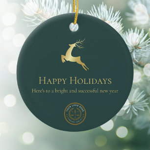 Green Gold Reindeer Happy Holidays Business Logo Ceramic Ornament