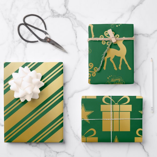 Green Gold Reindeer Presents Stripes Christmas Wrapping Paper Sheets (Front)
