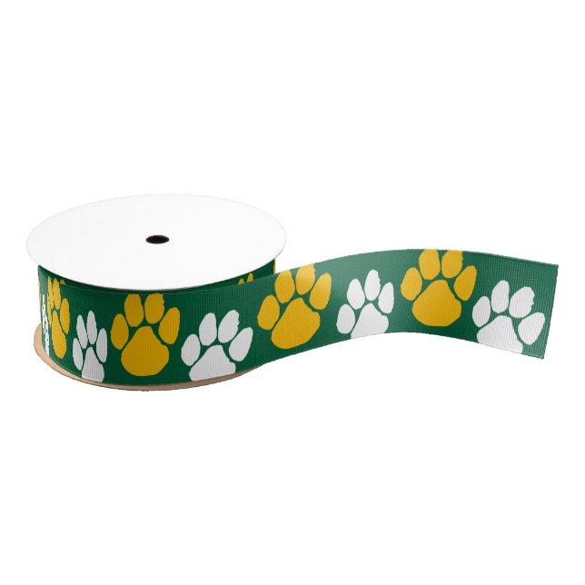 Green & Gold Repeating Pawprint Grosgrain Ribbon (Spool)