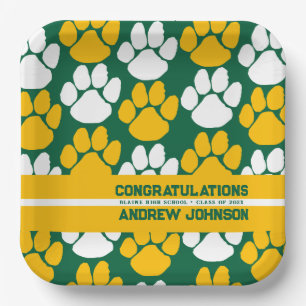 Green & Gold Repeating Pawprint Personalized Paper Plates