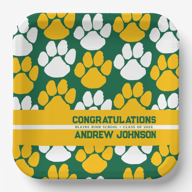 Green & Gold Repeating Pawprint Personalized Paper Plates (Front)