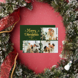 Green & Gold Retro Christmas Family Photo Collage Foil Holiday Card
