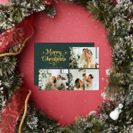 Green & Gold Retro Christmas Family Photo Collage Foil Holiday Card