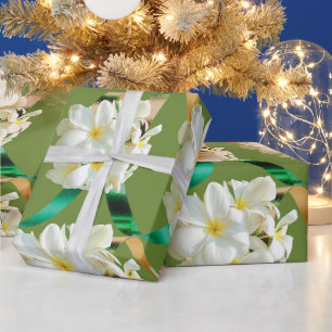 Green /Gold Ribbon Frangipani Matte Wrapping Paper