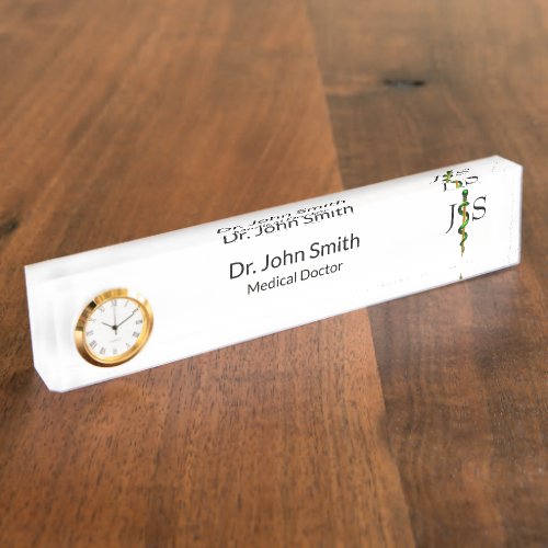 Green Gold Rod of Asclepius Herbal Medical Desk Name Plate