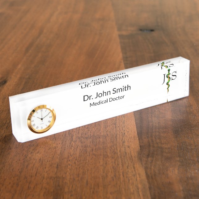 Green Gold Rod of Asclepius Herbal Medical Desk Name Plate (Side)