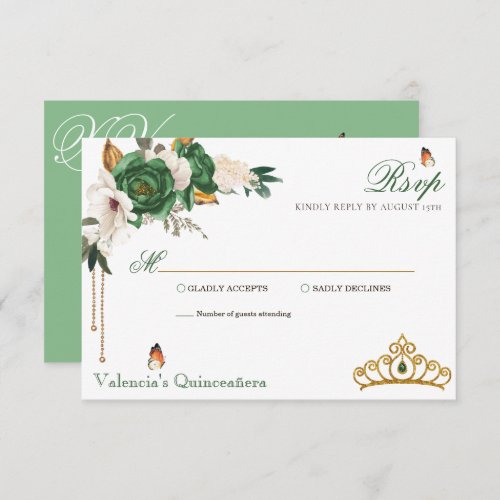 Green Gold Roses Elegant Gold Tiara Quinceanera RSVP Card