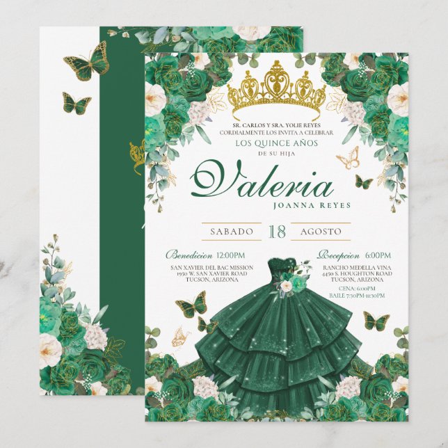 Green & Gold Roses Elegant Princess Quinceanera Invitation (Front/Back)