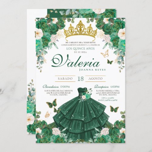 Green  Gold Roses Elegant Princess Quinceanera Invitation