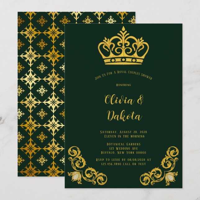 Green & Gold Royal Crown Couples Shower Invitation (Front/Back)