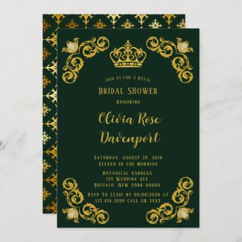 Green & Gold Royal Crown Damask Bridal Shower Invitation by Wedding_Charme at Zazzle