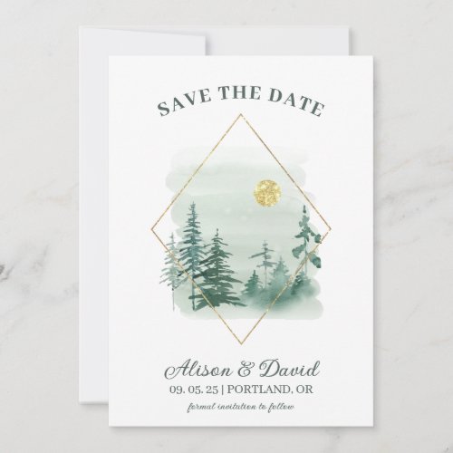 Green Gold Rustic Pine Trees Wedding Save the Date Invitation