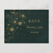 green gold rustic Snowflakes Winter wedding RSVP Invitation Postcard