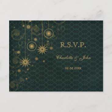 green gold rustic Snowflakes Winter wedding RSVP Invitation Postcard
